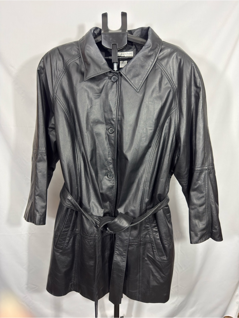 Preston & York Genuine Leather Belted Trench Coat Black 3X